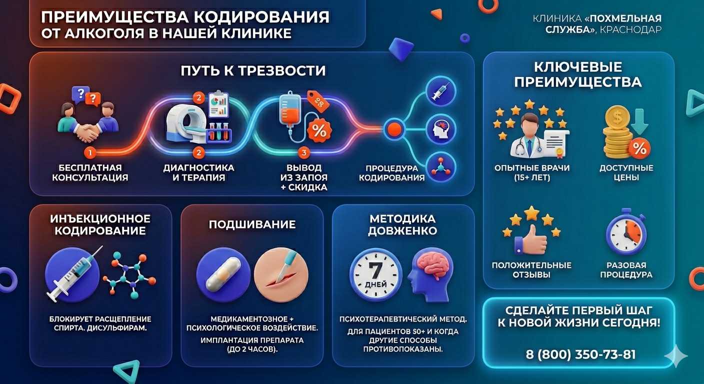 Инфографика о методах кодирования от алкоголя в Энеме: инъекции, подшивание, метод Довженко. Преимущества клиники и этапы лечения.