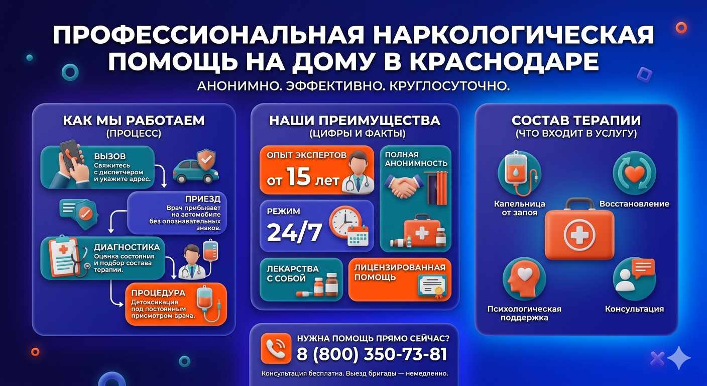 Инфографика о принципах лечения алкоголизма на дому в Энеме: этапы вызова нарколога, преимущества анонимной детоксикации и состав медицинской помощи.